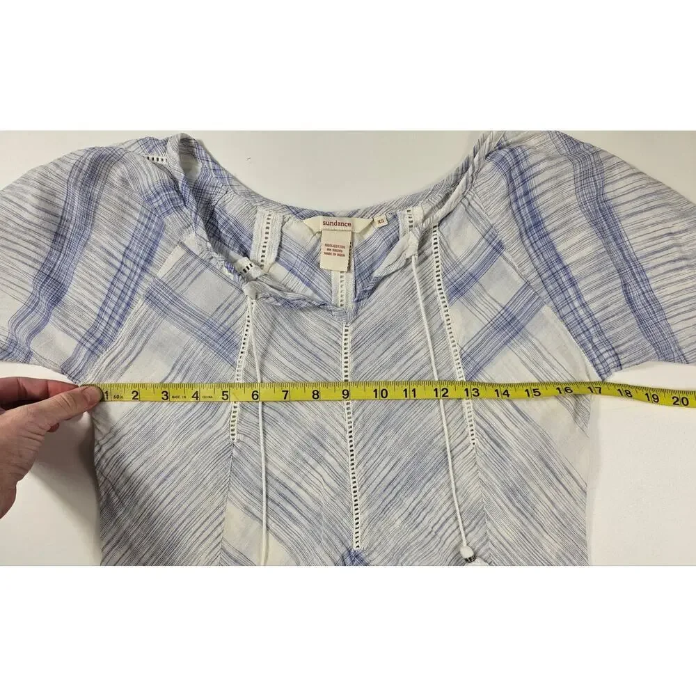 SUNDANCE XS Blue White Plaid Eyelet Pullover Boho Cotton Long Sleeve Top EUC - Picture 7 of 7